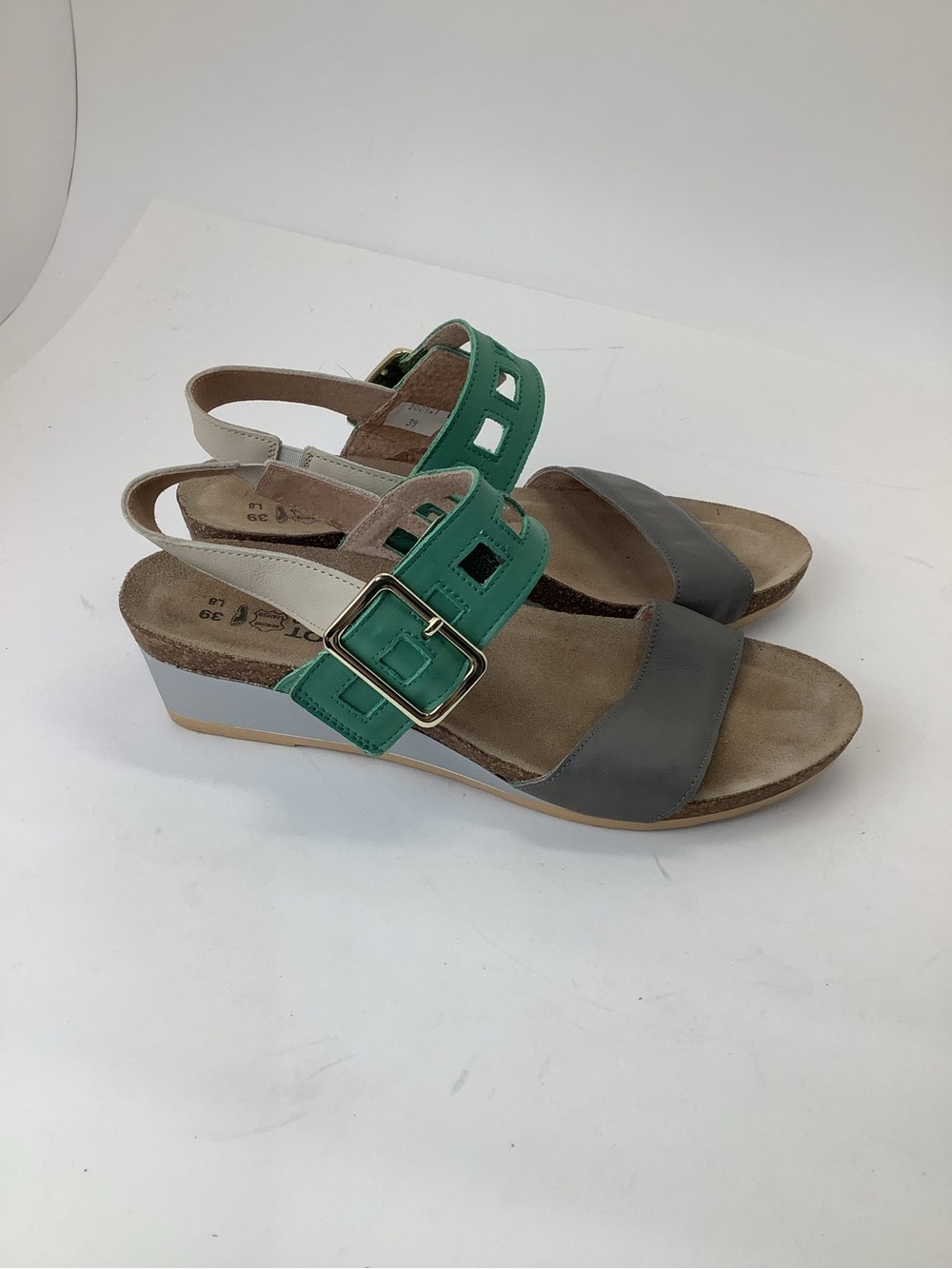 Green and Gray Women's Wedge Sandals with Buckle Strap